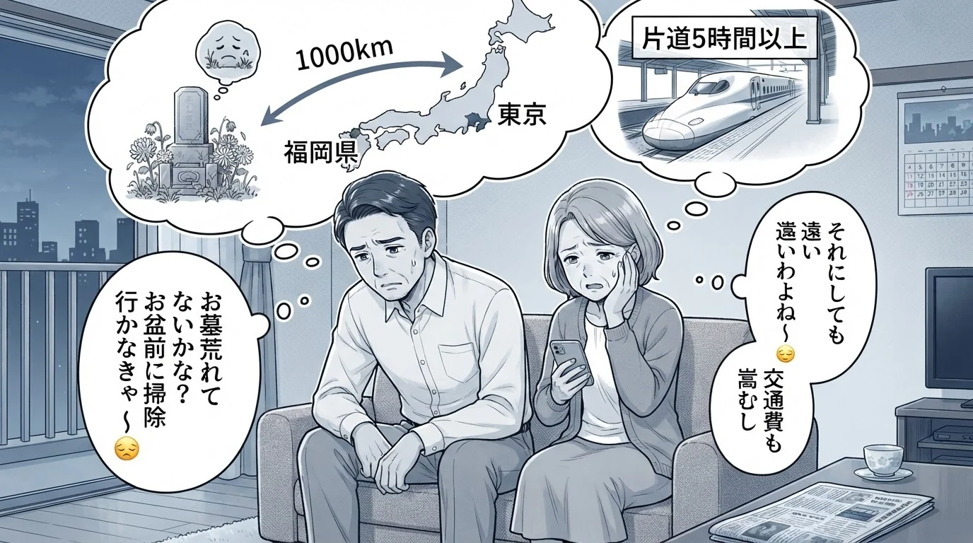 遠方でお墓参りに行けず悩む夫婦のイメージ