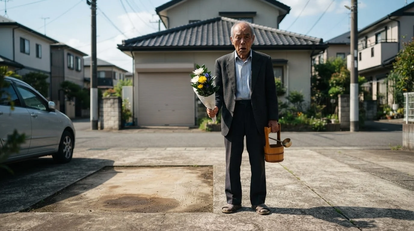 自宅で花と水桶を持ち墓参りを考える高齢者のイメージ