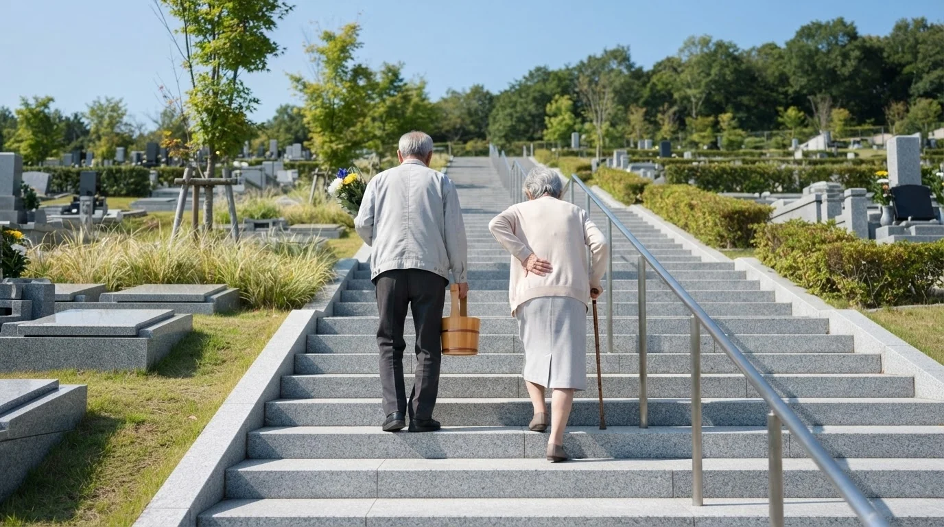 墓地の階段をゆっくり上る高齢夫婦のイメージ